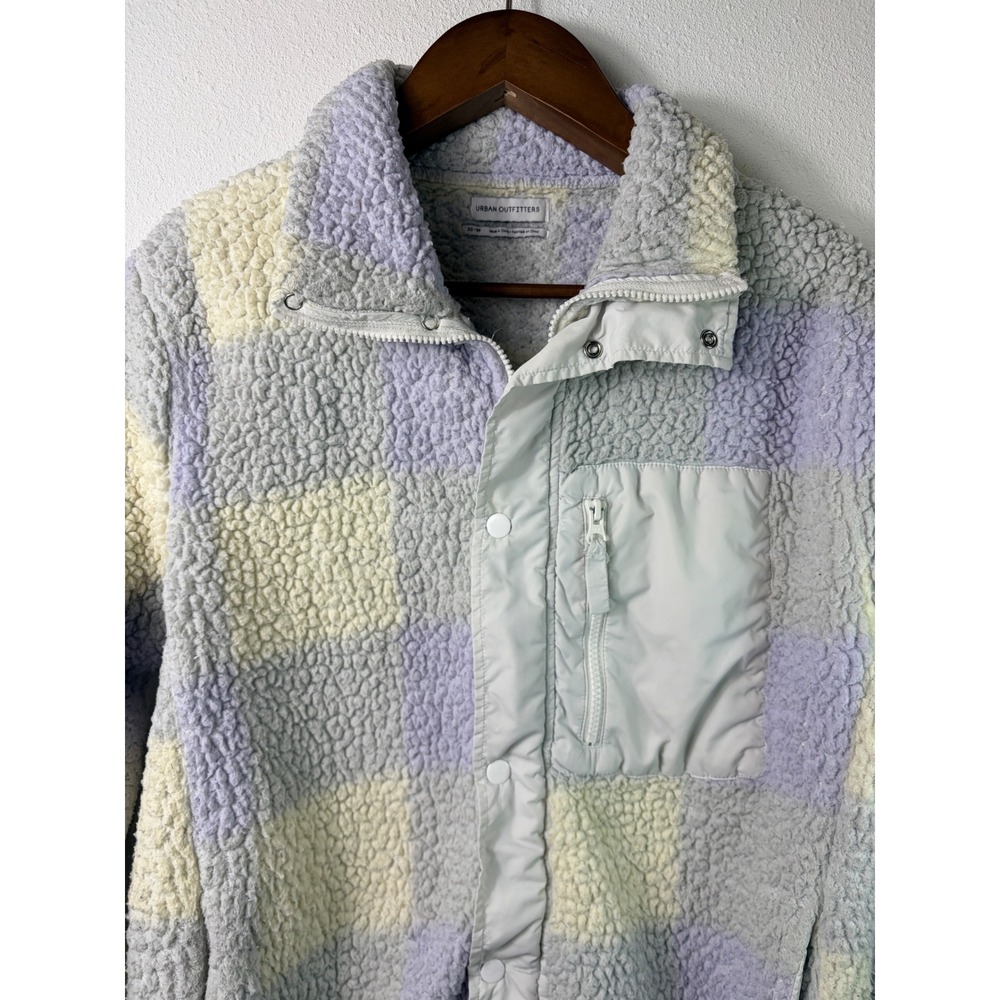Urban Outfitters Womens Fleece Jacket Purple Checkered Print Sherpa Zip Up XS